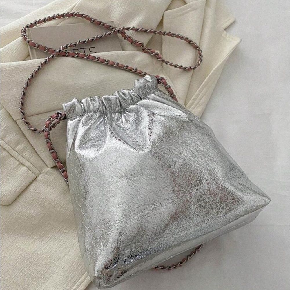 Chic Silver Metallic & Pink Multi Embellish Vanity Leather Crossbody Bag OS New - Picture 7 of 7